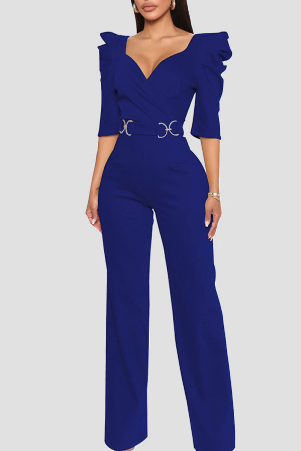 Blue Casual Solid Patchwork V Neck Straight Jumpsuits