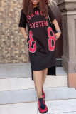 White Fashion Casual Letter Print Slit O Neck Short Sleeve Dress