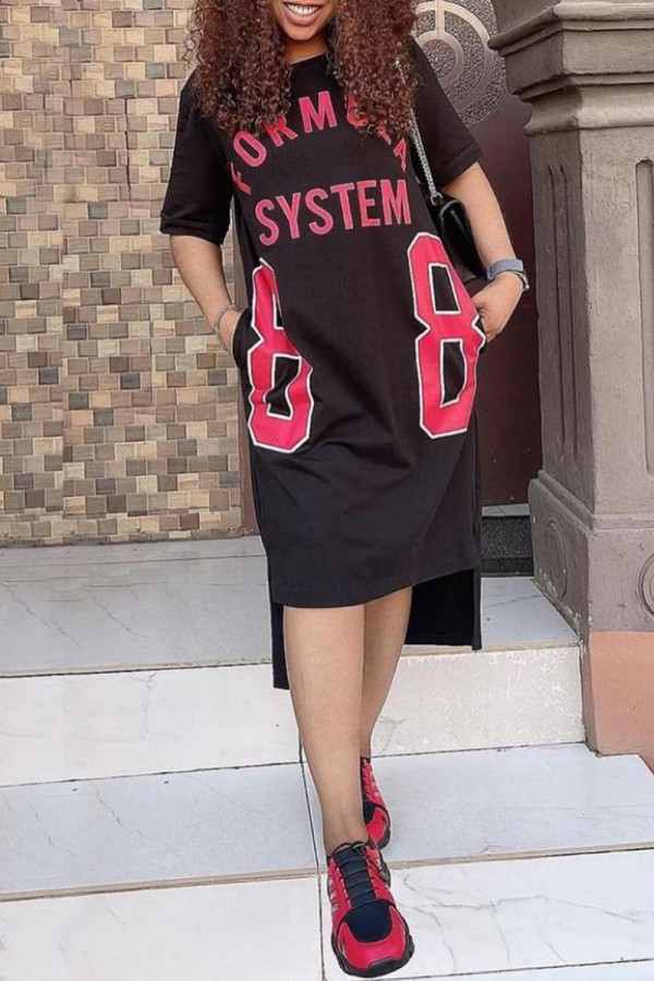 Black Fashion Casual Letter Print Slit O Neck Short Sleeve Dress