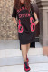 Black Fashion Casual Letter Print Slit O Neck Short Sleeve Dress