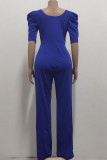 Blue Casual Solid Patchwork V Neck Straight Jumpsuits