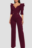 Blue Casual Solid Patchwork V Neck Straight Jumpsuits