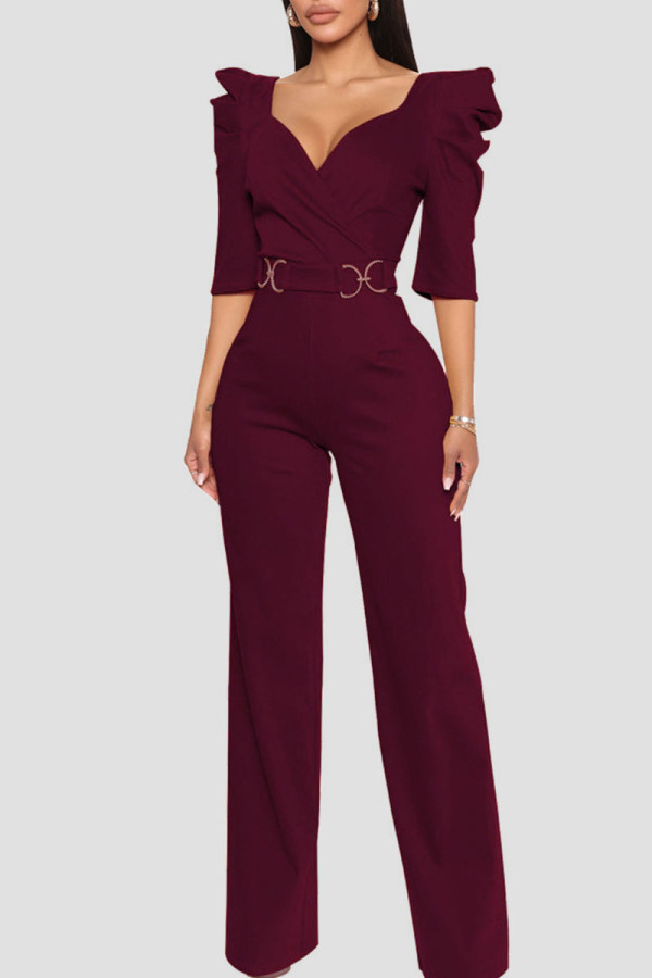 Burgundy Casual Solid Patchwork V Neck Straight Jumpsuits