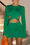 Green Fashion Sexy Solid Bandage O Neck Long Sleeve Two Pieces