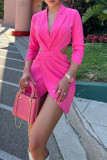 Rose Red Fashion Casual Solid Hollowed Out Patchwork Turndown Collar Long Sleeve Dresses