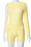 Yellow Sexy Striped Print Patchwork Asymmetrical O Neck Long Sleeve Two Pieces