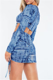 Blue Fashion Sexy Print Bandage V Neck Long Sleeve Two Pieces