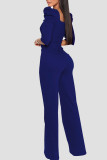 Blue Casual Solid Patchwork V Neck Straight Jumpsuits