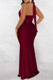 Rose Red Fashion Sexy Solid Bandage Patchwork Backless Fold Halter Long Dress