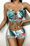 Green Sexy Print Bandage Hollowed Out Patchwork Stringy Selvedge Swimwears