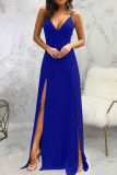 Blue Sexy Solid Patchwork Slit Spaghetti Strap Sling Dress Dresses