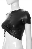 Black Fashion Casual Solid Patchwork O Neck Tops