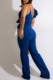 Blue Casual Solid Bandage Patchwork Flounce Spaghetti Strap Straight Jumpsuits