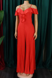 Red Casual Solid Patchwork Flounce Spaghetti Strap Straight Jumpsuits