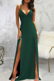 Green Sexy Solid Patchwork Slit Spaghetti Strap Sling Dress Dresses