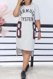 White Fashion Casual Letter Print Slit O Neck Short Sleeve Dress