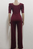 Blue Casual Solid Patchwork V Neck Straight Jumpsuits