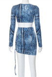 Blue Fashion Sexy Print Bandage V Neck Long Sleeve Two Pieces