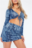 Blue Fashion Sexy Print Bandage V Neck Long Sleeve Two Pieces
