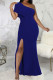 Blue Solid Patchwork Slit Oblique Collar Long Dress Dresses