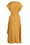 Yellow Fashion Casual Solid Patchwork Half A Turtleneck Sleeveless Dress