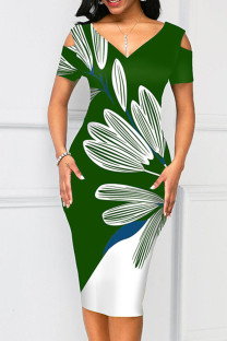 Green Casual Print Patchwork V Neck One Step Skirt Dresses