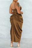 Brownness Fashion Sexy Solid Patchwork Backless Fold Spaghetti Strap Sleeveless Dress