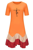 Tangerine Red Fashion Print Flounce O Neck Cake Skirt Dresses