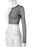 Black White Fashion Sexy Solid Hollowed Out Patchwork See-through O Neck Tops