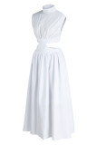 Pink Fashion Casual Solid Hollowed Out Turtleneck Sleeveless Dress