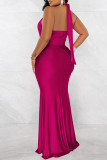 Rose Red Fashion Sexy Solid Bandage Patchwork Backless Fold Halter Long Dress