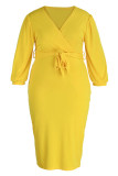 Yellow Casual Solid Bandage Patchwork V Neck One Step Skirt Plus Size Dresses