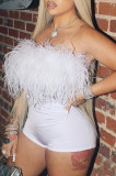 White Sexy Casual Solid Patchwork Feathers Backless Strapless Skinny Romper
