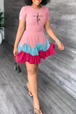 Pink Fashion Print Flounce O Neck Cake Skirt Dresses