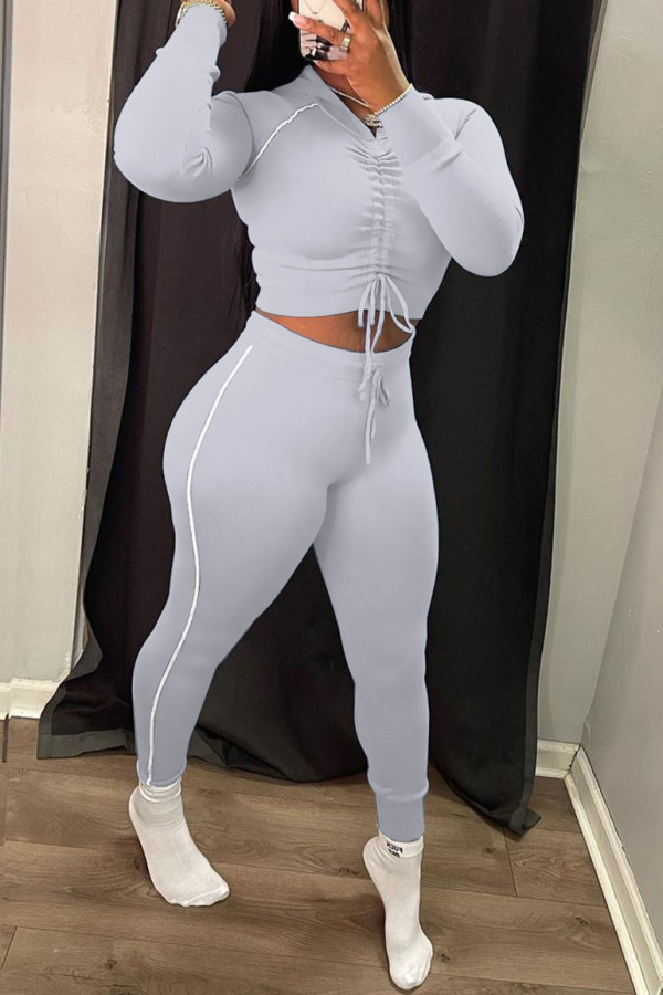 Grey Casual Sportswear Solid Draw String Frenulum Hooded Collar Long Sleeve Two Pieces