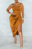 Brown Fashion Sexy Solid Patchwork Backless Fold Spaghetti Strap Sleeveless Dress