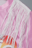 Pink Sexy Print Tassel Patchwork Slit V Neck One Step Skirt Dresses