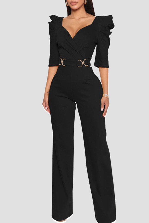 Black Casual Solid Patchwork V Neck Straight Jumpsuits