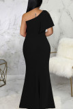 Black Solid Patchwork Slit Oblique Collar Long Dress Dresses