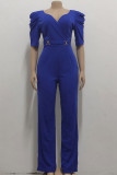 Blue Casual Solid Patchwork V Neck Straight Jumpsuits