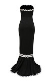 Black Sexy Solid Hollowed Out Patchwork Backless Slit Strapless Evening Dress