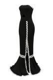 Black Sexy Solid Hollowed Out Patchwork Backless Slit Strapless Evening Dress