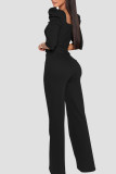Blue Casual Solid Patchwork V Neck Straight Jumpsuits