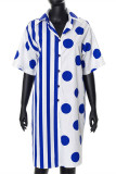Blue Fashion Casual Striped Dot Print Patchwork Turndown Collar Shirt Dress