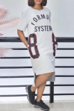 White Fashion Casual Letter Print Slit O Neck Short Sleeve Dress