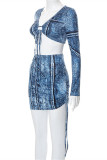 Blue Fashion Sexy Print Bandage V Neck Long Sleeve Two Pieces