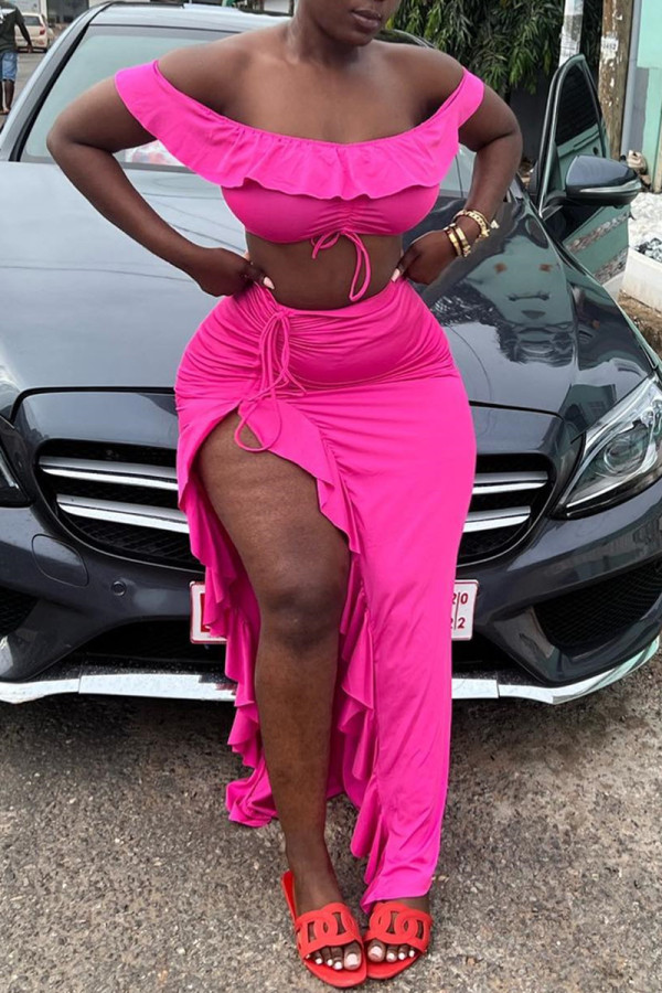 Rose Red Fashion Sexy Solid Draw String Frenulum Slit Off the Shoulder Two Pieces