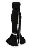 Black Sexy Solid Hollowed Out Patchwork Backless Slit Strapless Evening Dress