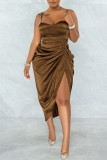 Brownness Fashion Sexy Solid Patchwork Backless Fold Spaghetti Strap Sleeveless Dress