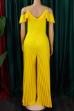 Yellow Casual Solid Patchwork Flounce Spaghetti Strap Straight Jumpsuits